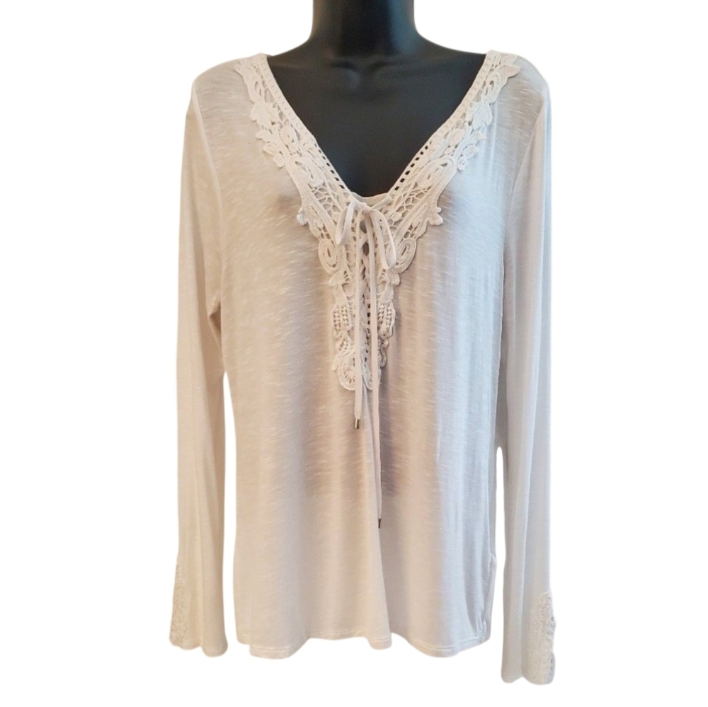 White House Black Market Lace-Up Embroidered Crochet Long Sleeve Top Size M